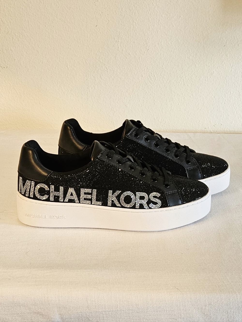 Michael Kors Black Glitter Logo Platform Sneakers with White Sole